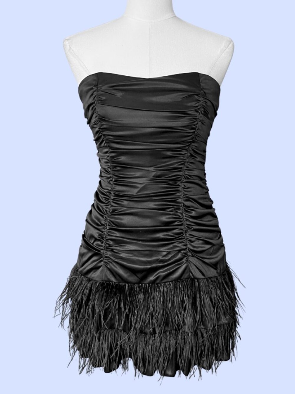 Y2K XOXO Black Satin Feather Strapless Mini Dress